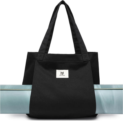 Moyaqi Canvas Tote Bag with Yoga Mat Carrier Pocket Carryall Shoulder Bag for Office, Workout, Pilates, Travel, Beach and Gym